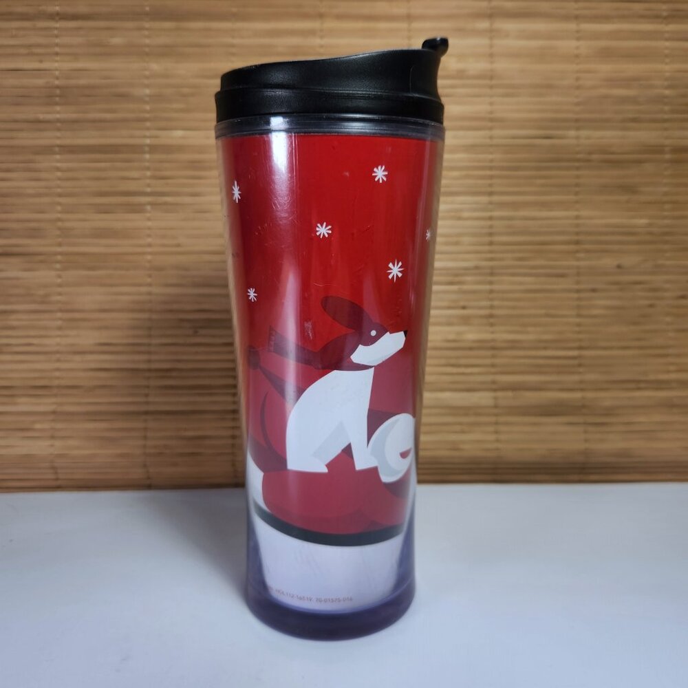 Starbucks 2011 Travel Tumbler Cup Holiday Snow Fun Christmas Dog and Snowflakes